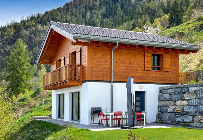 Eine schöne Aussicht auf das brandneue Chalet mit einer tollen Terrasse und einem Grill für Grillabende im Sommer